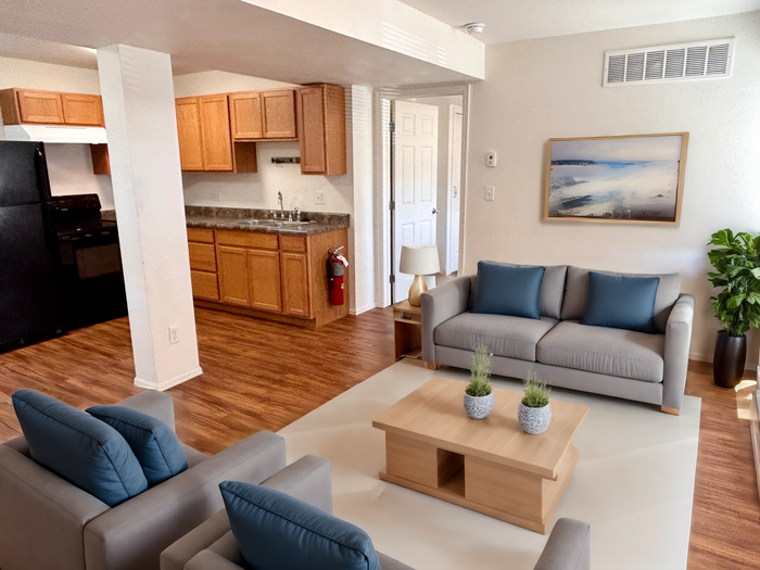 Contemporary open-concept living space featuring a cozy seating area, a modern kitchen with wooden cabinetry, and elegant decor details.