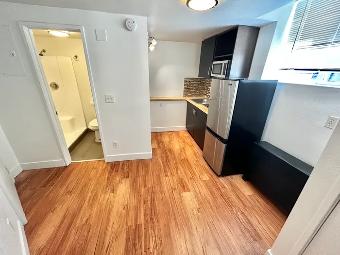 Modern apartment kitchen with sleek stainless steel appliances and adjacent cozy bathroom, enhanced by warm wooden floors.
