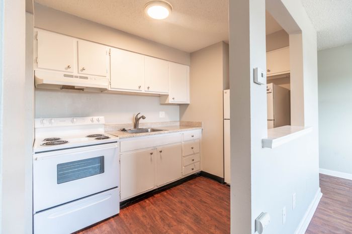 Bright and inviting kitchen with modern white cabinetry, sleek countertops, and warm wood flooring, perfect for culinary adventures.