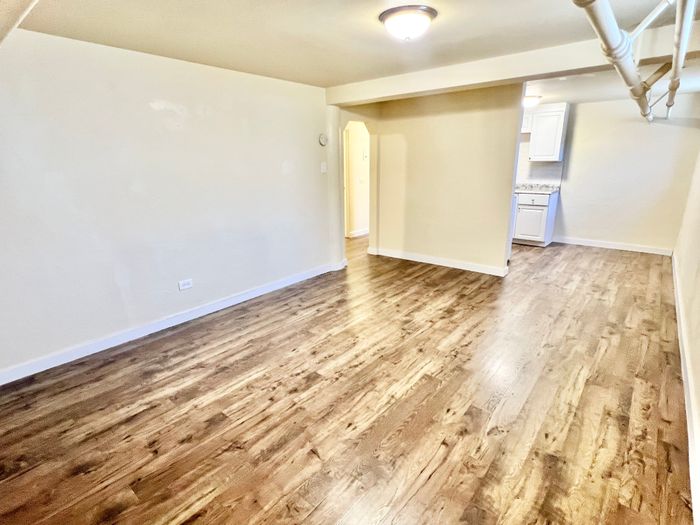 Charming apartment with beautiful hardwood flooring, spacious living area, and a peek into a modern kitchen.