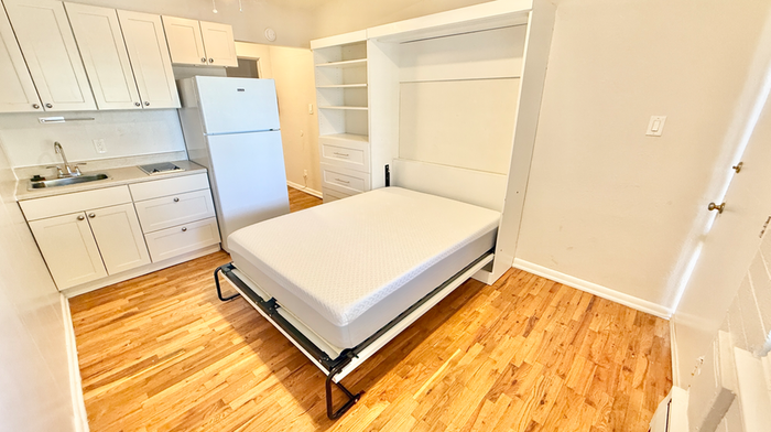 Cozy studio apartment showcasing a multifunctional space with a fold-out bed, compact kitchen, and stylish hardwood floors.