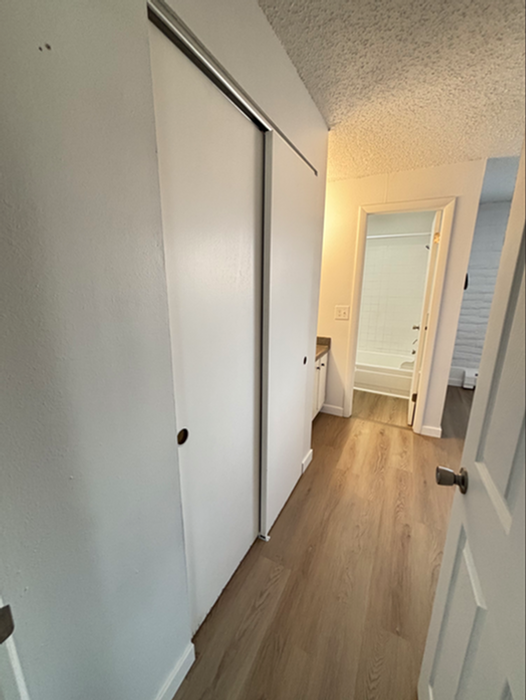 Bright hallway with modern wooden flooring and closet doors, leading to a contemporary bathroom.