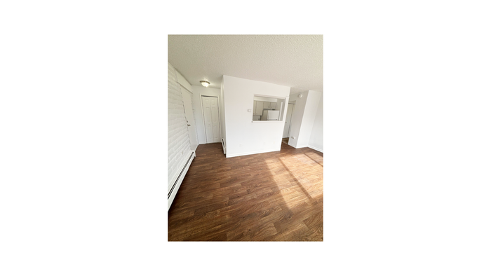 Bright and inviting apartment interior featuring elegant wood flooring and a pass-through window to the kitchen.