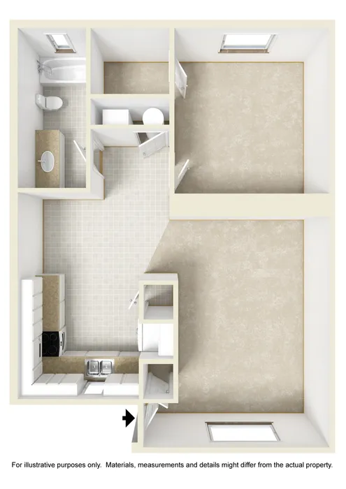 Charming 1-bedroom floor plan featuring an efficient bath and kitchen layout with ample natural light.