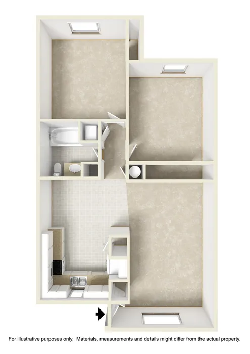 Modern 3D floor plan showcasing two spacious bedrooms, a sleek kitchen, and a functional bathroom layout.