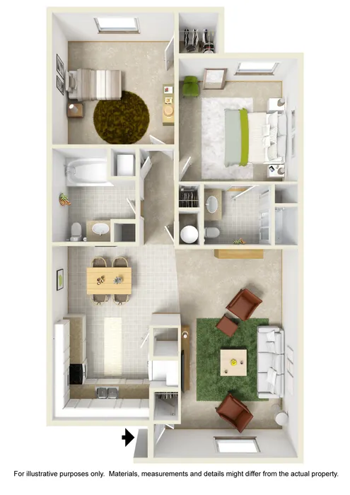 Modern 3D floor plan showcasing two spacious bedrooms, stylish living room, elegant dining area, and a fully-equipped kitchen.