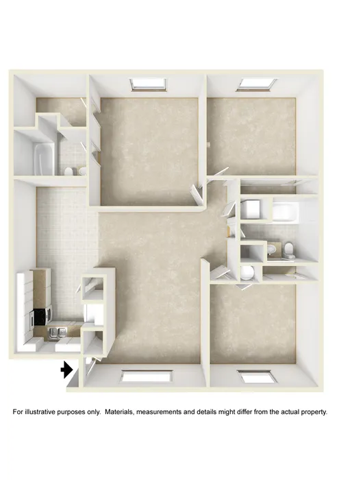 Elegant 2D floor plan showcasing 3 spacious bedrooms, a modern kitchen, and 2 sleek bathrooms, ideal for comfortable family living.