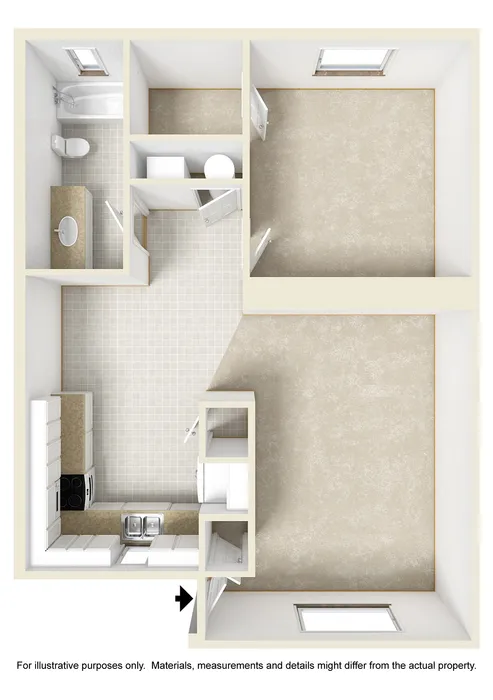 Modern 3D floor plan featuring one spacious bedroom, functional and open kitchen, and comfortable bathroom layout.
