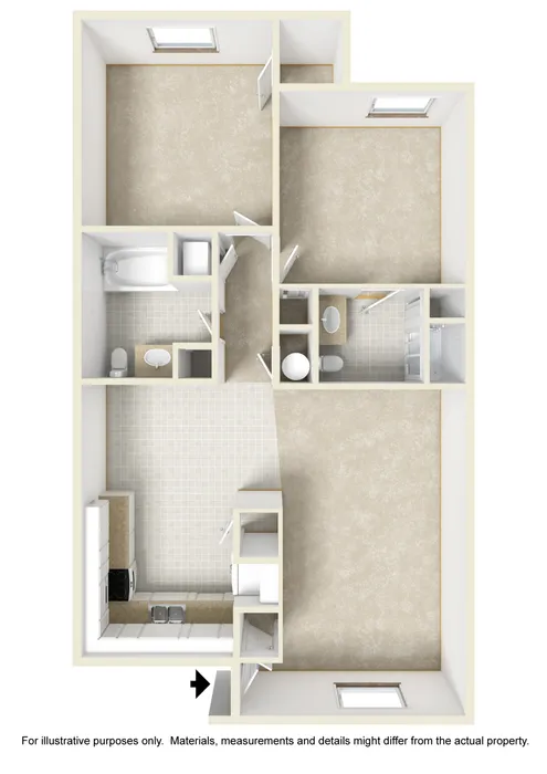 Modern 3D floor plan with two spacious bedrooms, a sleek kitchen, two bathrooms, and open living areas, ideal for stylish urban living.