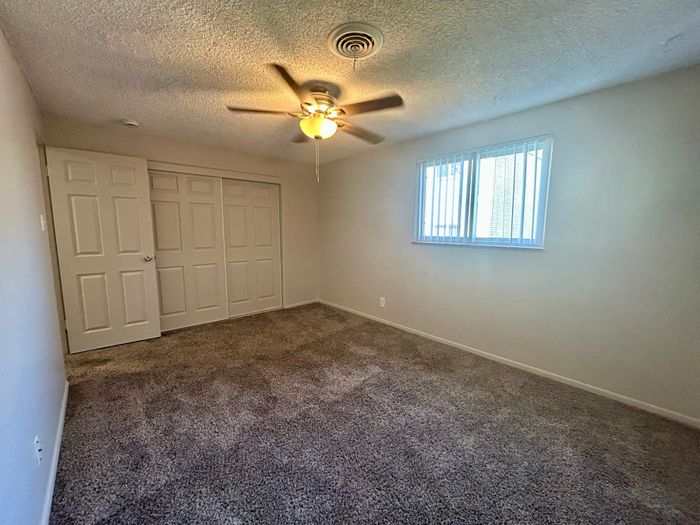 Bright and spacious bedroom with plush carpeting, featuring a ceiling fan and ample closet space.