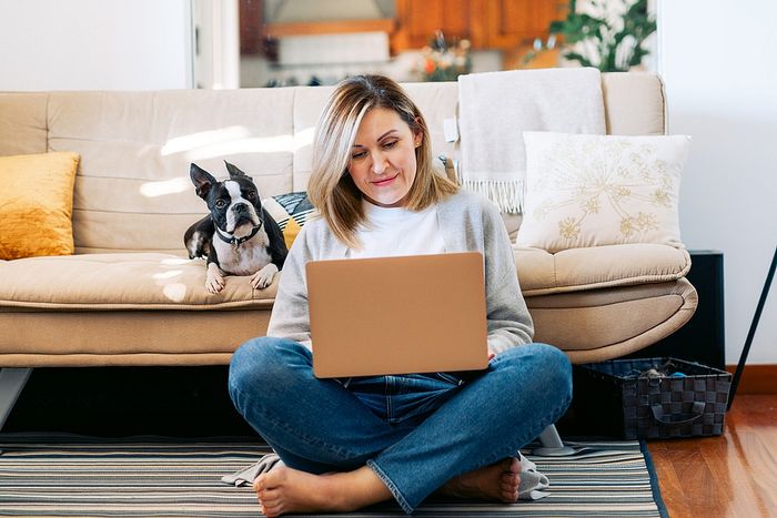 A woman sitting on a rug in a modern apartment living room with a laptop and a small dog on a beige sofa.