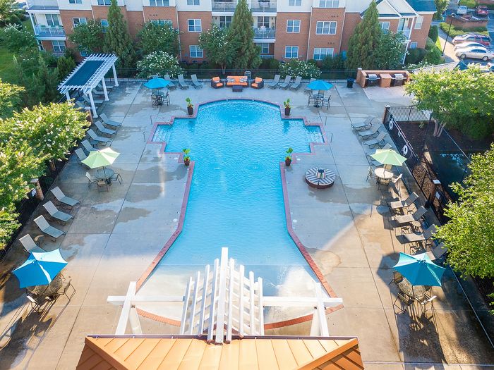 Aerial view of a vibrant pool area with sun loungers and umbrellas in an upscale apartment complex.