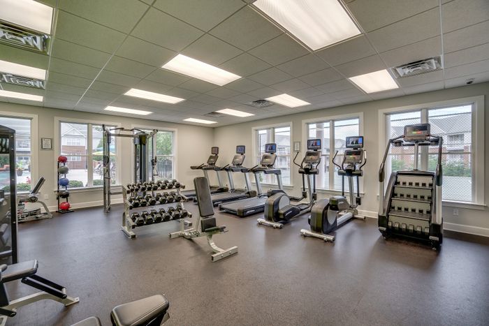 Bright, modern gym with treadmills, weight racks, and exercise equipment.
