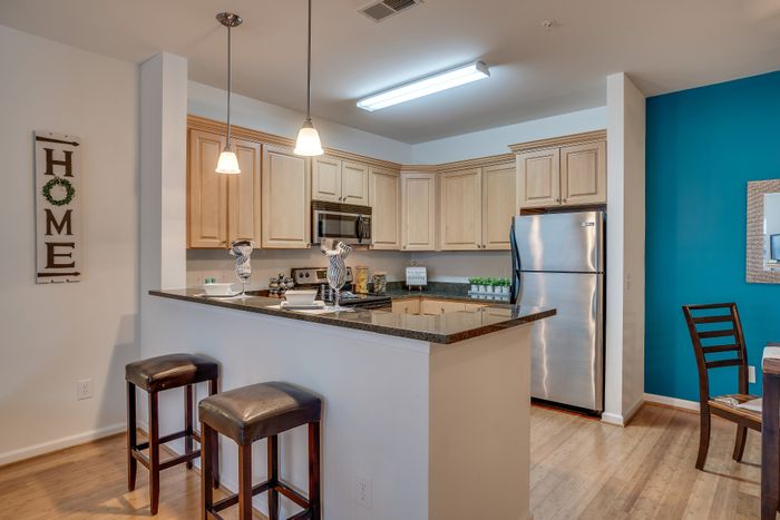 Modern kitchen with wooden cabinets, stainless steel appliances, and chic pendant lighting.