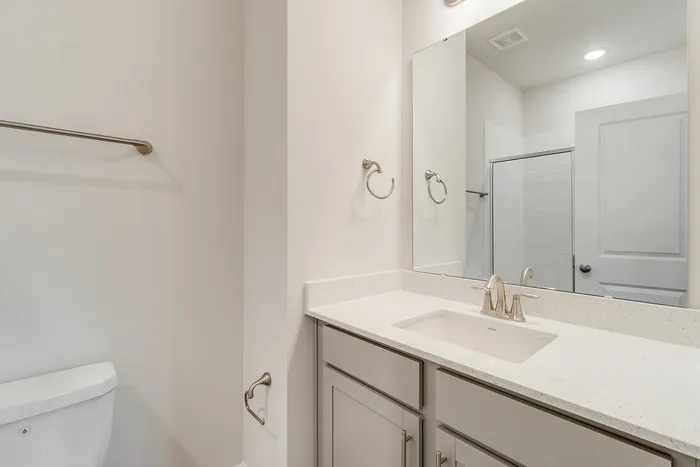Bathroom with grey cabinets