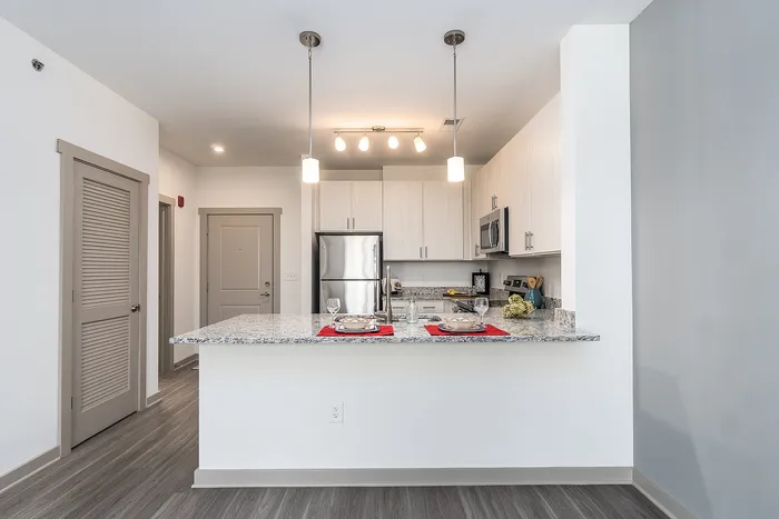 Modern kitchen with sleek stainless steel appliances, elegant granite countertops, and stylish pendant lighting.