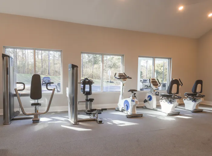 Bright and modern fitness center featuring state-of-the-art exercise machines and natural lighting through large windows.
