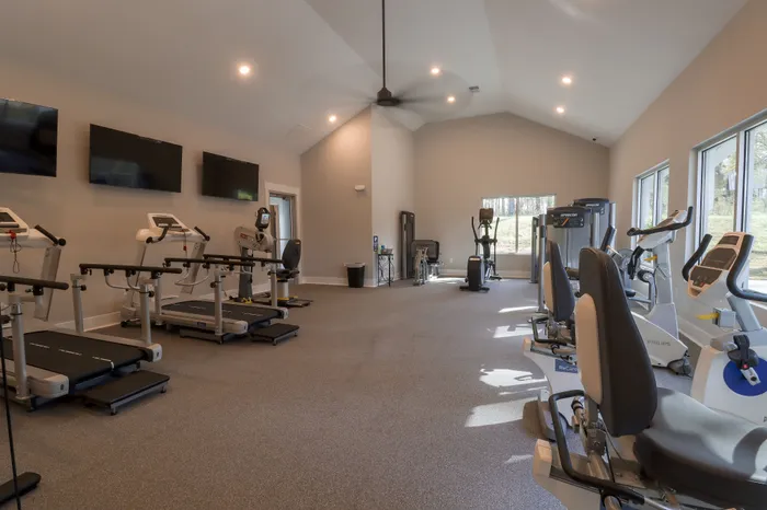 Modern fitness center with state-of-the-art treadmills, exercise bikes, and ample natural light.