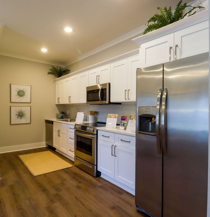 Modern kitchen with sleek stainless steel appliances, elegant white cabinetry, and stylish hardwood flooring, complemented by decorative plants and artwork.