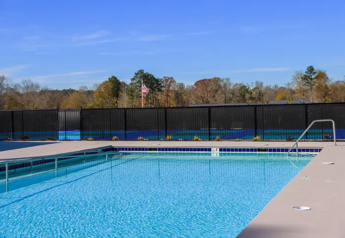 Inviting outdoor pool with crystal-clear water, set against a serene backdrop of lush trees and clear blue skies.