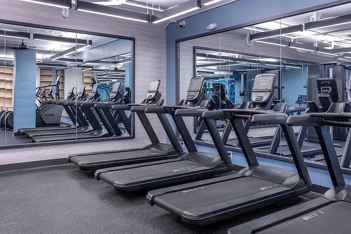 Modern fitness center featuring multiple treadmills and sleek mirrored walls, offering a dynamic workout environment.