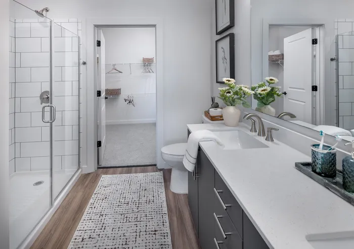 Modern bathroom with elegant glass shower, sleek cabinets, and a chic white countertop, leading to a spacious walk-in closet.