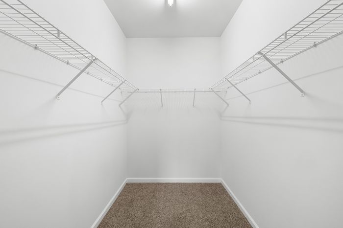 Spacious walk-in closet with bright lighting, featuring sleek wire shelving and plush carpet flooring.