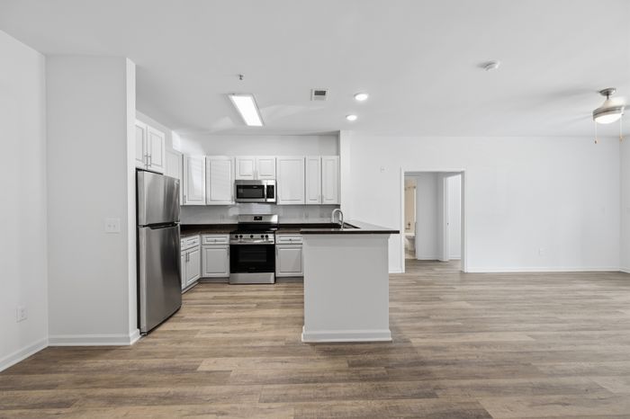 Chic modern kitchen with sleek stainless steel appliances, elegant white cabinetry, and inviting open floor plan.