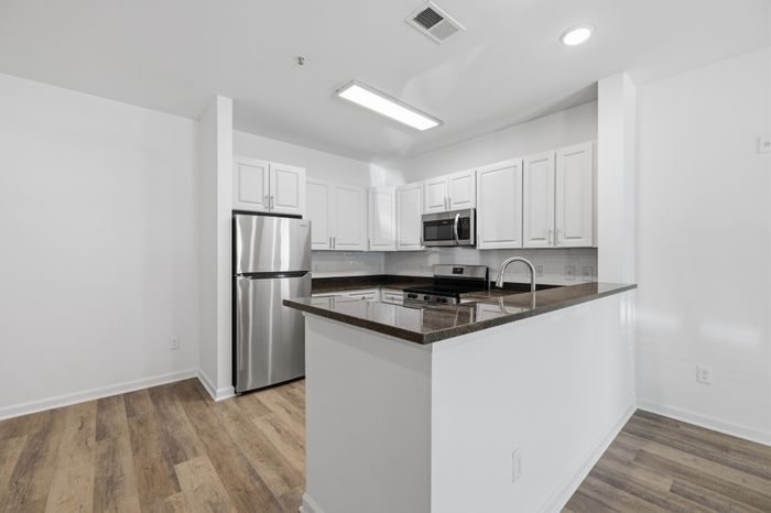Modern kitchen with sleek stainless steel appliances, spacious countertops, and elegant hardwood floors.
