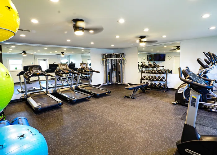 Modern gym with state-of-the-art equipment, including treadmills, free weights, and exercise bikes, in a well-lit space with mirrored walls.