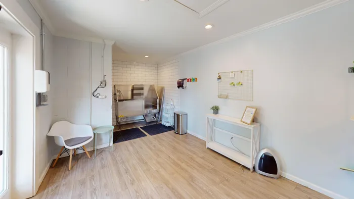 Bright, modern utility room featuring sleek stainless steel fixtures, light wood flooring, and stylish white accents.