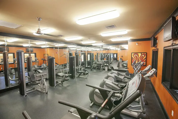 Modern fitness center with state-of-the-art gym equipment, vibrant orange walls, and expansive mirrors creating an inspiring workout environment.