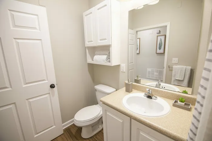 Elegant bathroom with modern fixtures, featuring a sleek white vanity and ample storage.