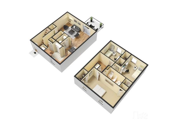 Modern 3D floor plan featuring a two-story layout with a cozy living room, stylish kitchen, and three comfortable bedrooms.