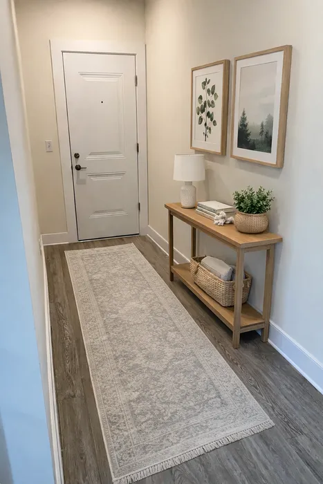 Elegant apartment entryway featuring chic d&eacute;cor, minimalist console table with lamp and greenery, adorned with stylish framed artwork and a tasteful runner rug.