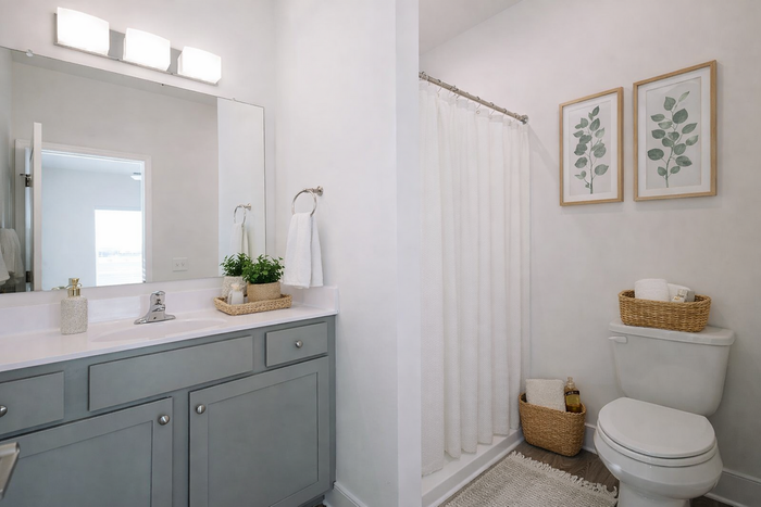 Elegant bathroom featuring a sleek modern vanity with a large mirror, stylish framed botanical prints, and cozy wicker baskets for storage.