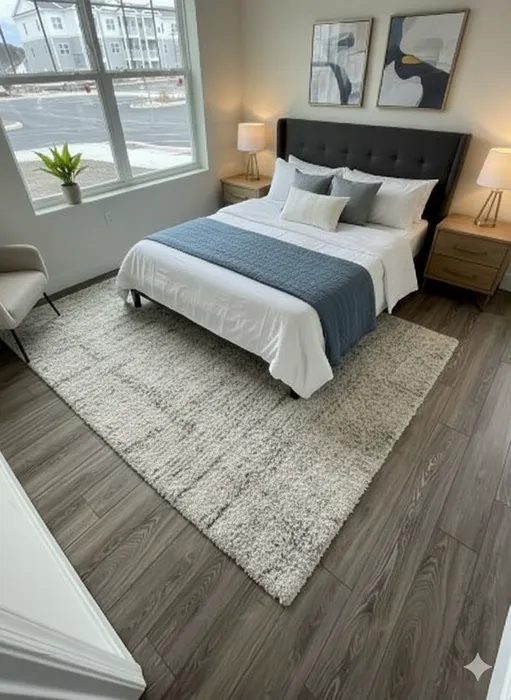 Inviting bedroom featuring a luxurious bed with plush pillows, elegant nightstands with lamps, modern artwork, and a large window with a scenic view.