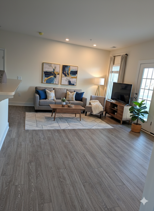 Charming living room with plush gray sofa, stylish wooden coffee table, and a modern TV stand, bathed in natural light through large windows and accented with elegant artwork.