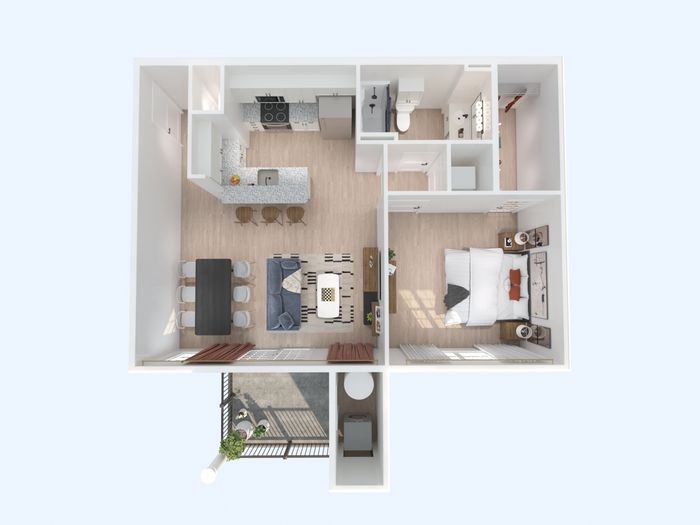 Modern 3D apartment layout showcasing a spacious bedroom, open-concept kitchen with island seating, cozy living area, and inviting balcony.
