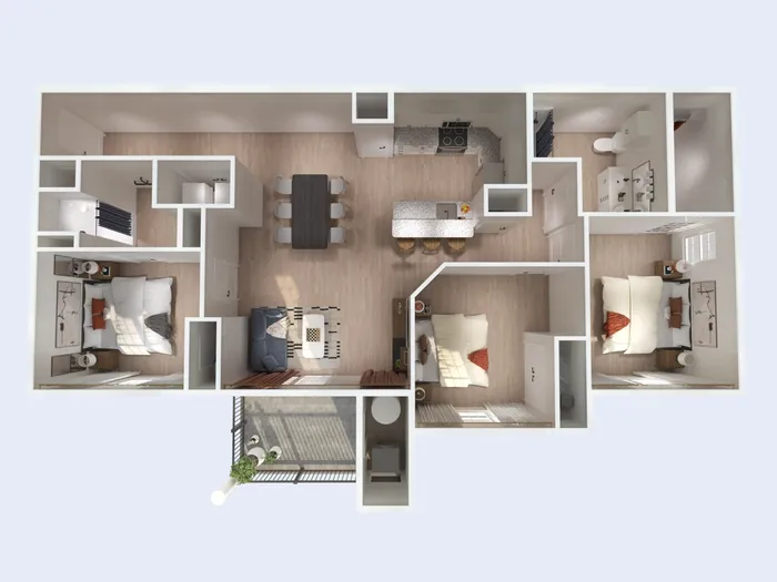 Modern 3D floor plan showcasing a luxurious apartment layout with three bedrooms, an open kitchen and dining area, a cozy living room, and a spacious balcony.