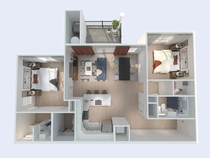 Modern 3D floor plan showcasing 2 spacious bedrooms, a chic open-concept living area with dining, a contemporary kitchen, and a private balcony.