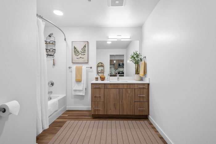 Elegant bathroom with modern wood cabinetry, large mirror, and stylish decor in a bright, airy design.