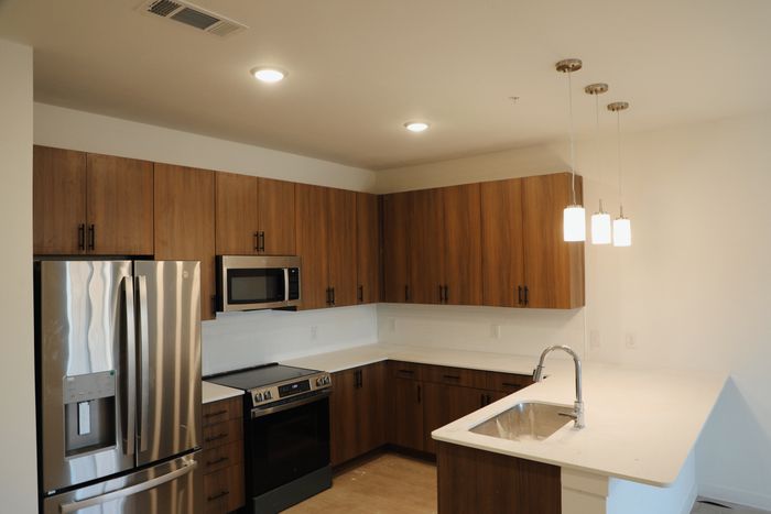 Modern kitchen featuring sleek stainless steel appliances, elegant wood cabinets, and stylish pendant lighting.