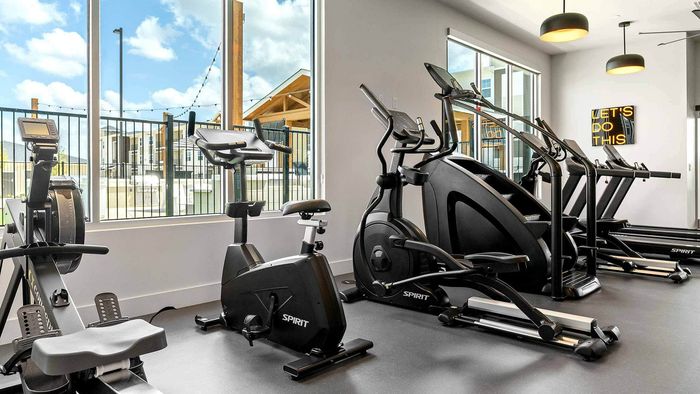 Interior of a modern apartment fitness center featuring cardio equipment like rowers, stationary bikes, treadmills, and ellipticals, with large windows looking out onto a courtyard.