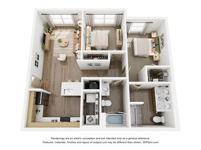 Modern 3D floor plan showcasing two spacious bedrooms, elegant open-concept living room, and sleek kitchen with island. Perfect for comfortable living and entertaining.