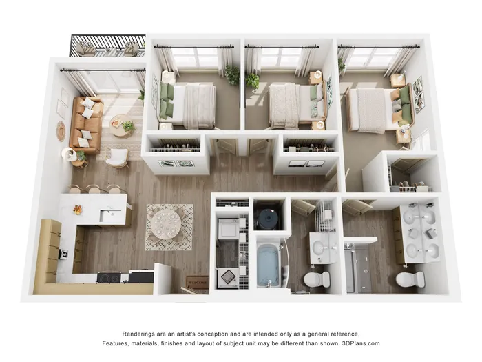 Modern 3D floor plan showcasing a stylish two-bedroom apartment with open-concept living area, sleek kitchen, and two spacious bathrooms. Includes a cozy balcony for relaxation.