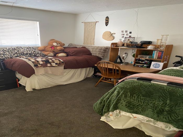 Welcoming bedroom with twin beds, decorated with warm textiles and personal touches.