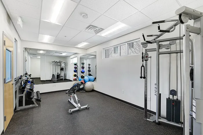 Modern fitness center with state-of-the-art gym equipment, including weights, exercise balls, and a multi-station machine.