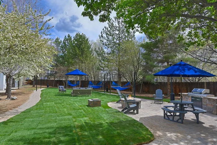Charming outdoor space featuring lush green lawns, blue shaded hammocks, a cozy fire pit, and modern barbecue area.