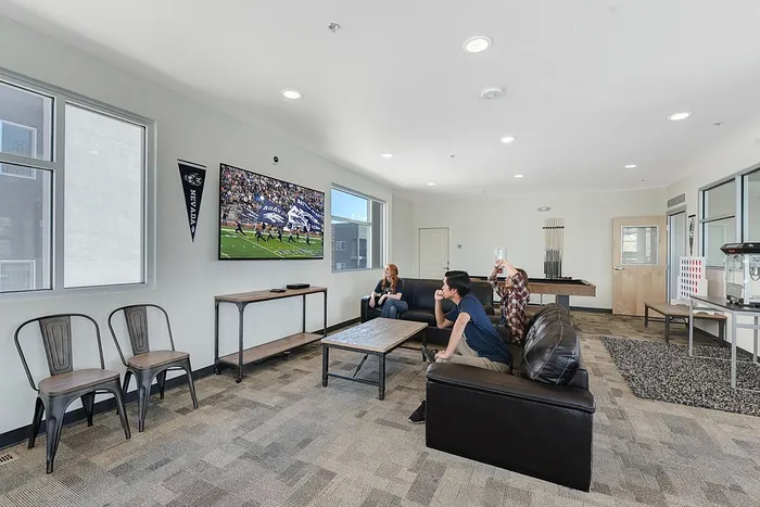 Modern recreational room with plush leather sofas, large wall-mounted TV, and bright natural light.